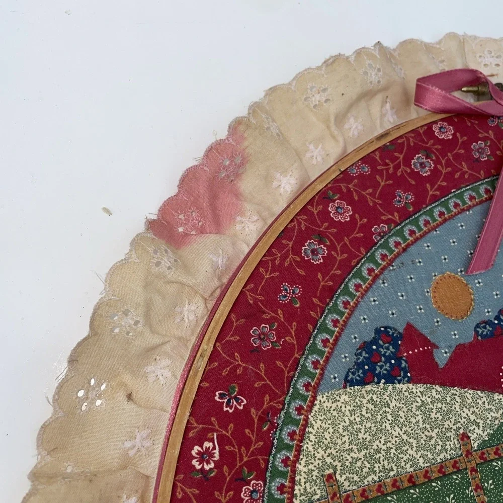 Vintage 1990s Round Country Farm Girl Wall Hanging Grannycore Lace Trim Framed